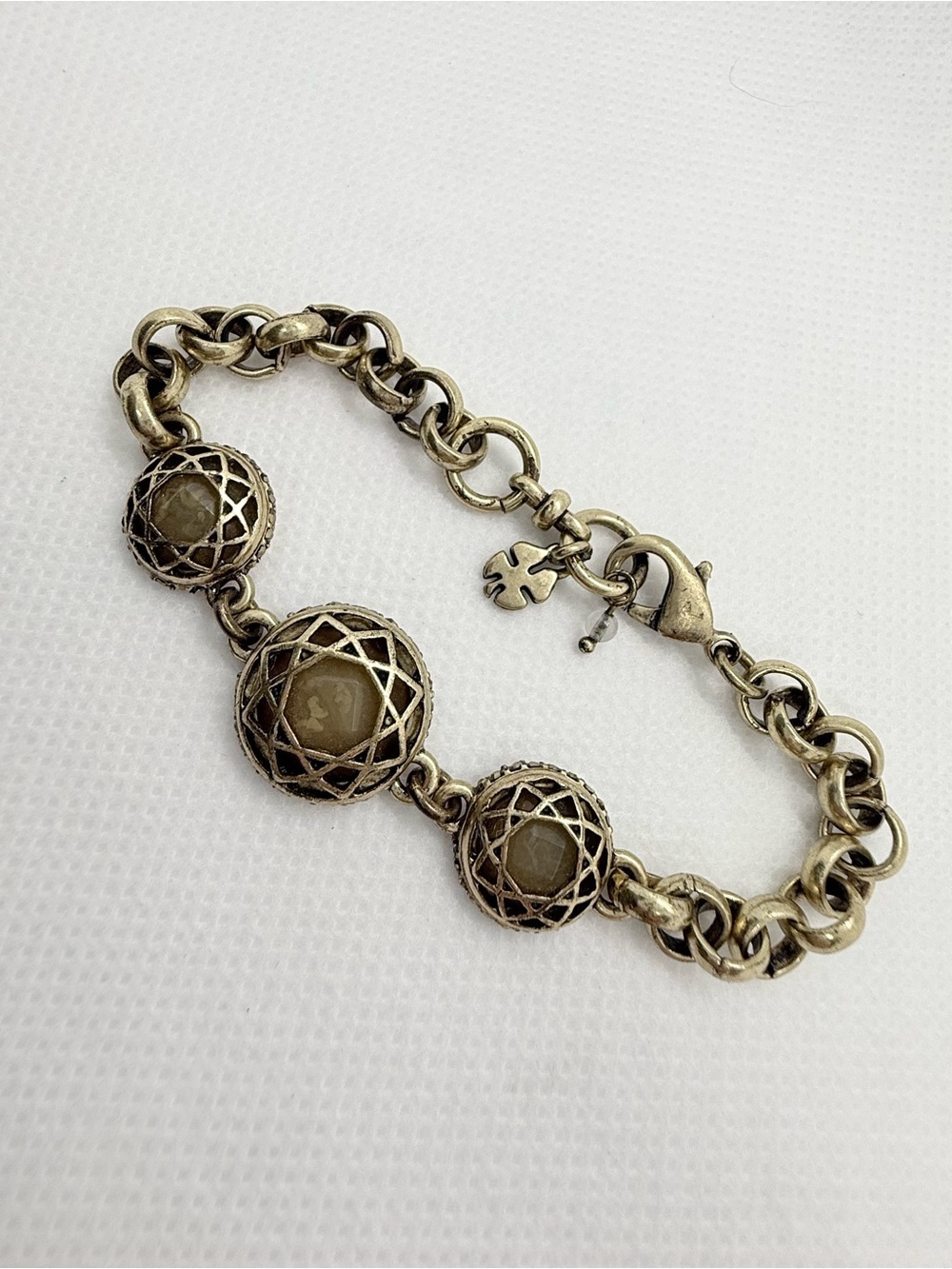Lucky Brand Antique Gold Medallion Rolo Chain Bracelet Smokey Quartz Bead